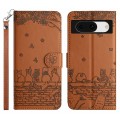 For Google Pixel 8a Cat Embossing Pattern Leather Phone Case with Lanyard(Brown)