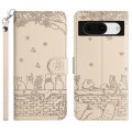 For Google Pixel 8a Cat Embossing Pattern Leather Phone Case with Lanyard(Beige)