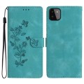 For Samsung Galaxy A22 5G Flower Butterfly Embossing Pattern Leather Phone Case(Sky Blue)