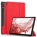 For Samsung Galaxy Tab S9+ Custer Pure Color 3-Fold Holder Smart Leather Tablet Case(Red)