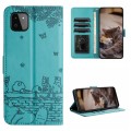 For Samsung Galaxy A22 5G Cat Embossing Pattern Leather Phone Case with Lanyard(Blue)