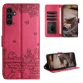 For Samsung Galaxy A54 Cat Embossing Pattern Leather Phone Case with Lanyard(Red)