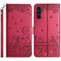 For Samsung Galaxy S23 FE Cat Embossing Pattern Leather Phone Case with Lanyard(Red)