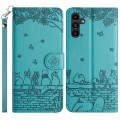 For Samsung Galaxy S23 FE Cat Embossing Pattern Leather Phone Case with Lanyard(Blue)