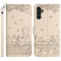 For Samsung Galaxy S24 Cat Embossing Pattern Leather Phone Case with Lanyard(Beige)