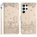 For Samsung Galaxy S24 Ultra Cat Embossing Pattern Leather Phone Case with Lanyard(Beige)