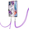 For Motorola Moto G34 Electroplating IMD TPU Phone Case with Lanyard(Purple Flower)