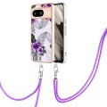 For Google Pixel 8 Electroplating IMD TPU Phone Case with Lanyard(Purple Flower)