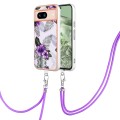 For Google Pixel 8a Electroplating IMD TPU Phone Case with Lanyard(Purple Flower)