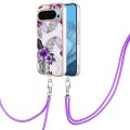 For Google Pixel 9 Electroplating IMD TPU Phone Case with Lanyard(Purple Flower)