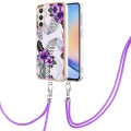 For Samsung Galaxy A25 5G Electroplating IMD TPU Phone Case with Lanyard(Purple Flower)