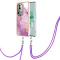 For OPPO Reno11 Pro 5G Global Electroplating Marble Dual-side IMD Phone Case with Lanyard(Purple 001