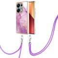 For Xiaomi Poco M6 Pro 4G Electroplating Marble Dual-side IMD Phone Case with Lanyard(Purple 001)
