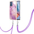 For Motorola Moto G34 Electroplating Marble Dual-side IMD Phone Case with Lanyard(Purple 001)