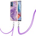 For Motorola Moto G34 Electroplating Marble Dual-side IMD Phone Case with Lanyard(Purple 002)