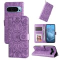 For Google Pixel 9 Embossed Sunflower Leather Phone Case(Purple)