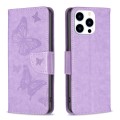 For iPhone 16 Pro Embossing Two Butterflies Pattern Leather Phone Case(Purple)