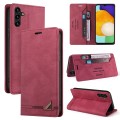 For Samsung Galaxy A13 5G Skin Feel Anti-theft Brush Horizontal Flip Leather Case with Holder(Wine R