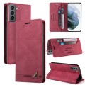 For Samsung Galaxy S21 5G Skin Feel Anti-theft Brush Horizontal Flip Leather Case with Holder(Wine R