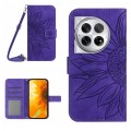 For OnePlus 12 5G Global Skin Feel Sun Flower Embossed Leather Phone Case with Lanyard(Dark Purple)