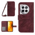 For OnePlus 12 5G Global Skin Feel Sun Flower Embossed Leather Phone Case with Lanyard(Wine Red)