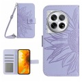 For OnePlus 12 5G Global Skin Feel Sun Flower Embossed Leather Phone Case with Lanyard(Purple)