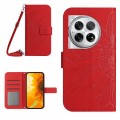 For OnePlus 12R 5G Global Skin Feel Sun Flower Embossed Leather Phone Case with Lanyard(Red)