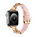 For Apple Watch 9 45mm Chain Genuine Leather Watch Band, Size: L(Rose Gold Pink)