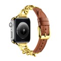For Apple Watch SE 2023 44mm Chain Genuine Leather Watch Band, Size: L(Gold Brown)