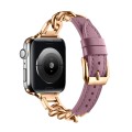 For Apple Watch SE 44mm Chain Genuine Leather Watch Band, Size: S(Rose Gold Pale Mauve)