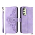 For Samsung Galaxy A25 5G Global Skin-feel Flowers Embossed Wallet Leather Phone Case(Purple)