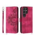 For Samsung Galaxy S24 Ultra 5G Skin-feel Flowers Embossed Wallet Leather Phone Case(Wine Red)