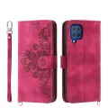 For Samsung Galaxy M62 Skin-feel Flowers Embossed Wallet Leather Phone Case(Wine Red)