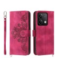 For Xiaomi Redmi Note 13 5G Skin-feel Flowers Embossed Wallet Leather Phone Case(Wine Red)