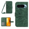 For Google Pixel 9 Pro Skin Feel Sun Flower Embossed Flip Leather Phone Case with Lanyard(Green)