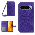 For Google Pixel 9 Pro Skin Feel Sun Flower Embossed Flip Leather Phone Case with Lanyard(Dark Purpl