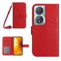 For Honor 90 Smart Skin Feel Sun Flower Pattern Leather Phone Case with Lanyard(Red)