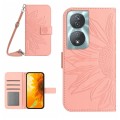 For Honor 90 Smart Skin Feel Sun Flower Pattern Leather Phone Case with Lanyard(Pink)
