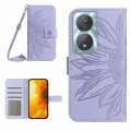 For Honor 90 Smart Skin Feel Sun Flower Pattern Leather Phone Case with Lanyard(Purple)