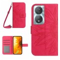 For Honor 90 Smart Skin Feel Sun Flower Pattern Leather Phone Case with Lanyard(Rose Red)
