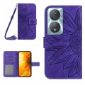 For Honor 90 Smart Skin Feel Sun Flower Pattern Leather Phone Case with Lanyard(Dark Purple)