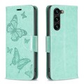For Samsung Galaxy S24+ 5G Embossing Two Butterflies Pattern Leather Phone Case(Green)