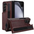 For Samsung Galaxy Z Fold5 Full Coverage Fold Double Buckle PU Phone Case with Pen Slots(Brown)