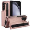 For Samsung Galaxy Z Fold5 Full Coverage Fold Double Buckle PU Phone Case with Pen Slots(Rose Gold)