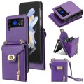 For Samsung Galaxy Z Flip3 Zipper Card Slots Folding Phone Case with Long Lanyard(Purple)