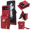 For Samsung Galaxy Z Flip3 Zipper Card Slots Folding Phone Case with Long Lanyard(Red)