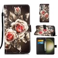 For Samsung Galaxy S24 Ultra 5G Colored Drawing Pattern Plain Weave Leather Phone Case(Roses On Blac