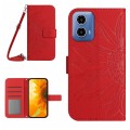 For Motorola Moto G34 5G HT04 Skin Feel Sun Flower Embossed Flip Leather Phone Case with Lanyard(Red