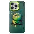For iPhone 15 Pro Max Double Layer Color Silver Series Animal Oil Painting Phone Case(Green Cat)