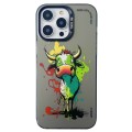 For iPhone 15 Pro Max Double Layer Color Silver Series Animal Oil Painting Phone Case(Zodiac Ox)
